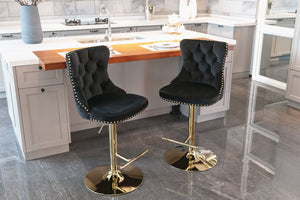 English Elm A&a Velvet Swivel Barstools Tufted Upholstered Seat Gold Base Adjustable Kitchen Pub Set Black W114349917