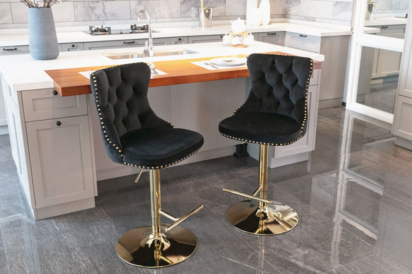 English Elm A&a Velvet Swivel Barstools Tufted Upholstered Seat Gold Base Adjustable Kitchen Pub Set Black W114349917