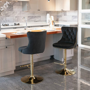 English Elm A&a Velvet Swivel Barstools Tufted Upholstered Seat Gold Base Adjustable Kitchen Pub Set Black W114349917