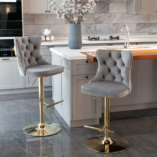 English Elm A&a Velvet Swivel Barstools Tufted Upholstered Seat Gold Base Adjustable Kitchen Pub Set Gray W114349920