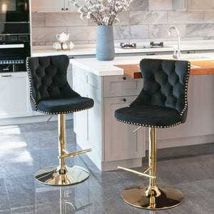 English Elm A&a Velvet Swivel Barstools Tufted Upholstered Seat Gold Base Adjustable Kitchen Pub Set Black W114349917
