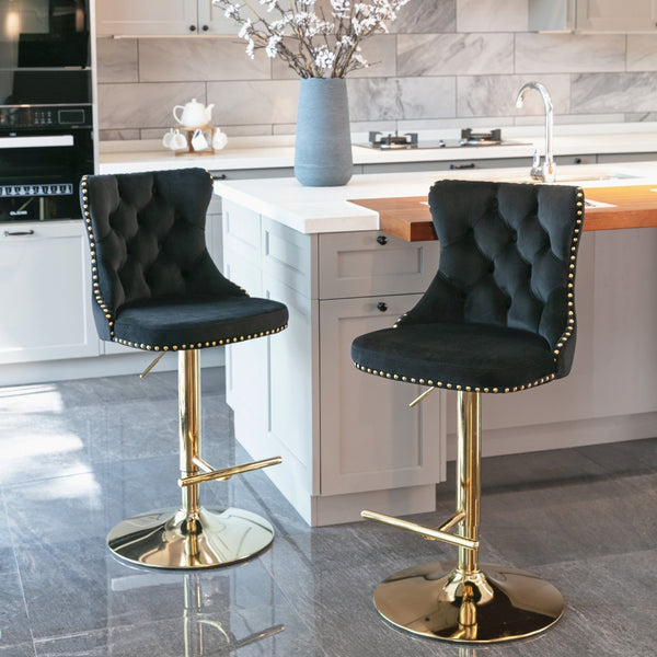 English Elm A&a Velvet Swivel Barstools Tufted Upholstered Seat Gold Base Adjustable Kitchen Pub Set Black W114349917