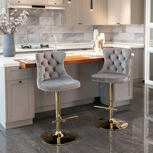 English Elm A&a Velvet Swivel Barstools Tufted Upholstered Seat Gold Base Adjustable Kitchen Pub Set Gray W114349920