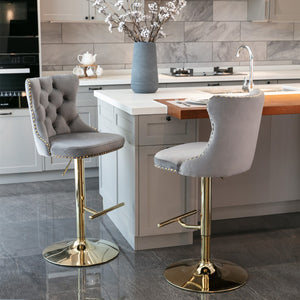 English Elm A&a Velvet Swivel Barstools Tufted Upholstered Seat Gold Base Adjustable Kitchen Pub Set Gray W114349920