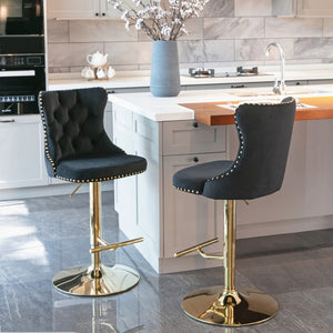English Elm A&a Velvet Swivel Barstools Tufted Upholstered Seat Gold Base Adjustable Kitchen Pub Set Black W114349917