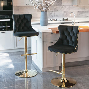 English Elm A&a Velvet Swivel Barstools Tufted Upholstered Seat Gold Base Adjustable Kitchen Pub Set Black W114349917