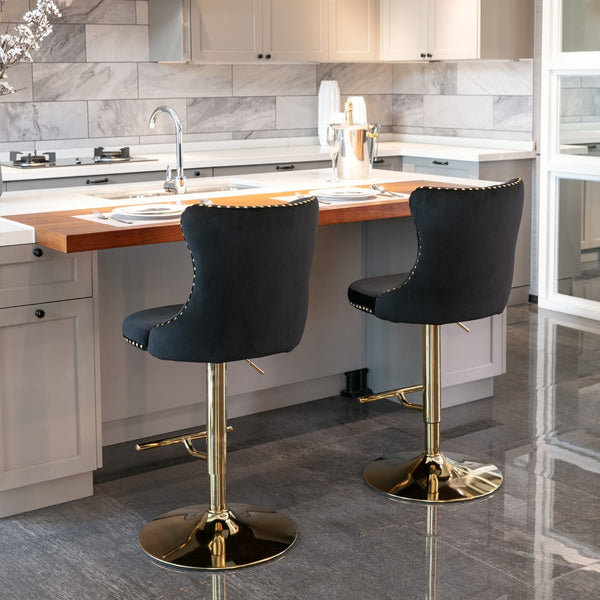 English Elm A&a Velvet Swivel Barstools Tufted Upholstered Seat Gold Base Adjustable Kitchen Pub Set Black W114349917