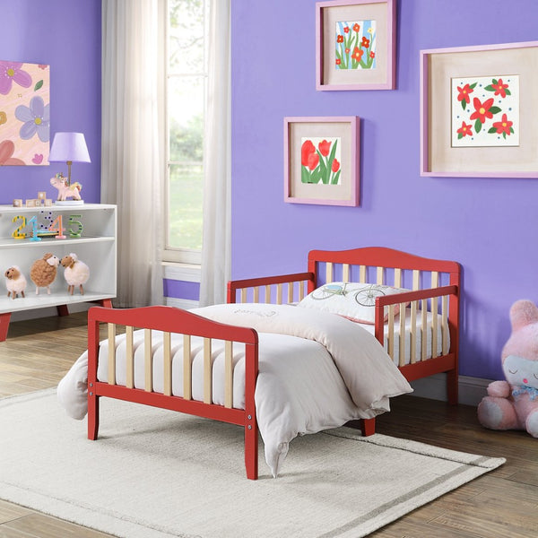 English Elm Birdie Toddler Bed Solid Wood Frame with Panel Headboard and Dual Guardrails Coral B02257204