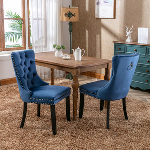 English Elm Nikki Velvet Dining Chairs Set of Two Tufted Nailhead Solid Wood Legs Formal Blue W114381121