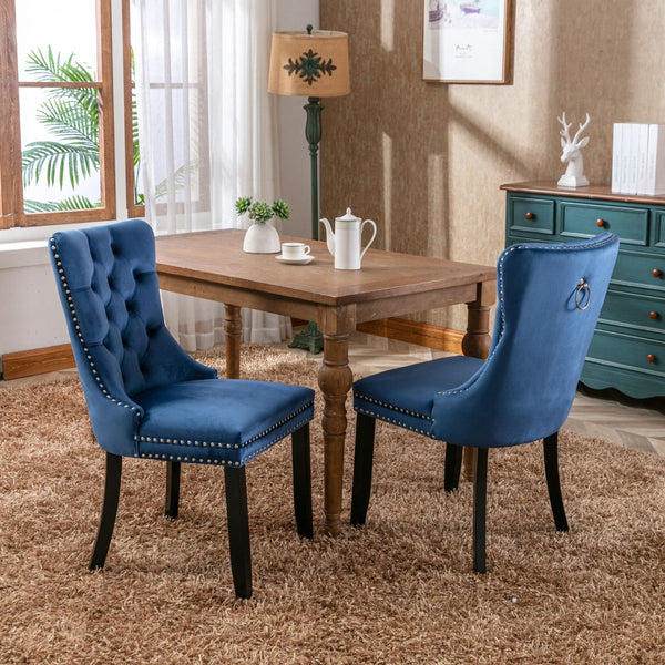 English Elm Nikki Velvet Dining Chairs Set of Two Tufted Nailhead Solid Wood Legs Formal Blue W114381121