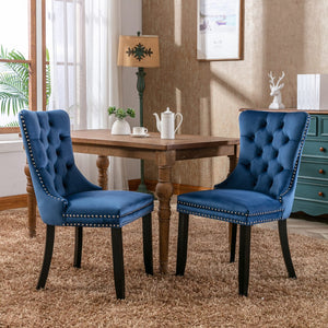 English Elm Nikki Velvet Dining Chairs Set of Two Tufted Nailhead Solid Wood Legs Formal Blue W114381121