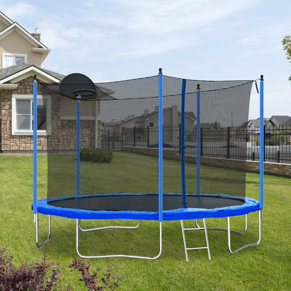 English Elm 12ft Backyard Trampoline with Basketball Hoop Safety Enclosure Net and Steel Ladder W28550119