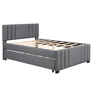 English Elm Full Linen Upholstered Platform Bed with Pull Out Trundle Tufted Headboard GX001312AAE