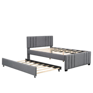 English Elm Full Linen Upholstered Platform Bed with Pull Out Trundle Tufted Headboard GX001312AAE