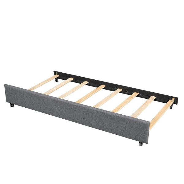 English Elm Full Linen Upholstered Platform Bed with Pull Out Trundle Tufted Headboard GX001312AAE