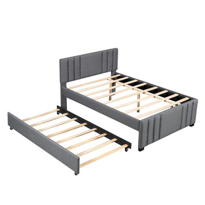 English Elm Full Linen Upholstered Platform Bed with Pull Out Trundle Tufted Headboard GX001312AAE