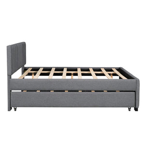 English Elm Full Linen Upholstered Platform Bed with Pull Out Trundle Tufted Headboard GX001312AAE