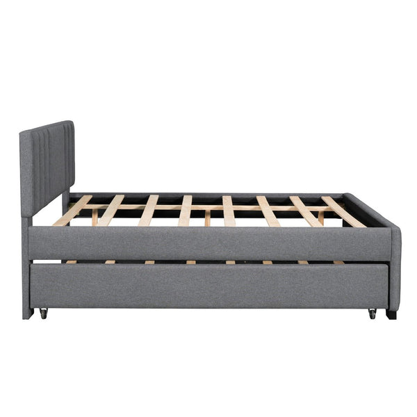 English Elm Full Linen Upholstered Platform Bed with Pull Out Trundle Tufted Headboard GX001312AAE