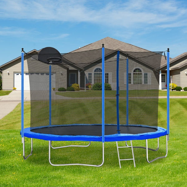 English Elm 12ft Backyard Trampoline with Basketball Hoop Safety Enclosure Net and Steel Ladder W28550119