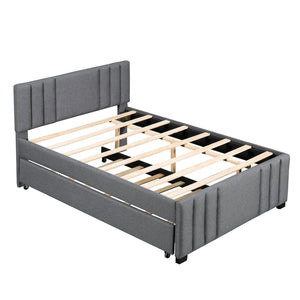 English Elm Full Linen Upholstered Platform Bed with Pull Out Trundle Tufted Headboard GX001312AAE