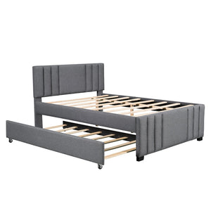 English Elm Full Linen Upholstered Platform Bed with Pull Out Trundle Tufted Headboard GX001312AAE