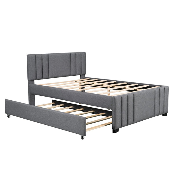 English Elm Full Linen Upholstered Platform Bed with Pull Out Trundle Tufted Headboard GX001312AAE