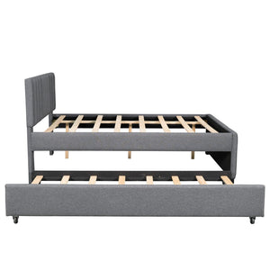 English Elm Full Linen Upholstered Platform Bed with Pull Out Trundle Tufted Headboard GX001312AAE