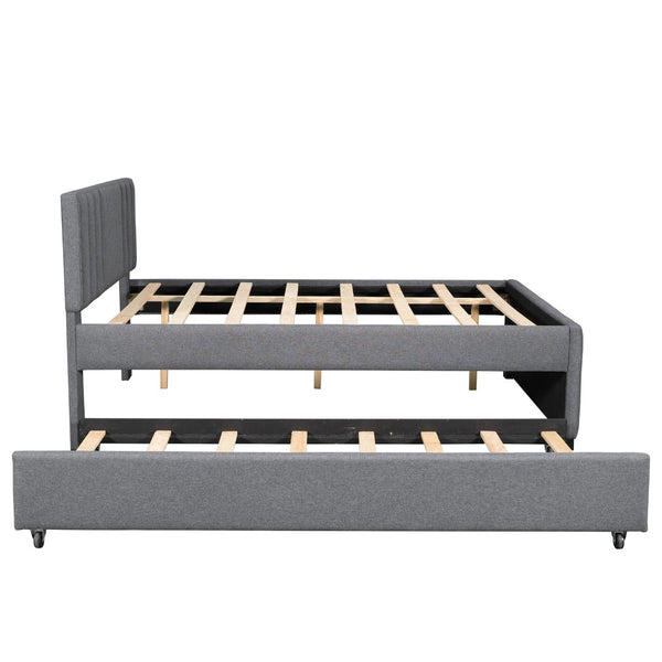 English Elm Full Linen Upholstered Platform Bed with Pull Out Trundle Tufted Headboard GX001312AAE