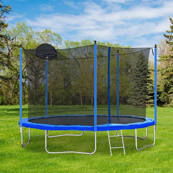 English Elm 12ft Backyard Trampoline with Basketball Hoop Safety Enclosure Net and Steel Ladder W28550119
