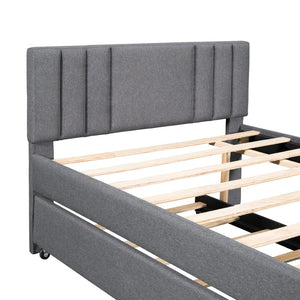 English Elm Full Linen Upholstered Platform Bed with Pull Out Trundle Tufted Headboard GX001312AAE