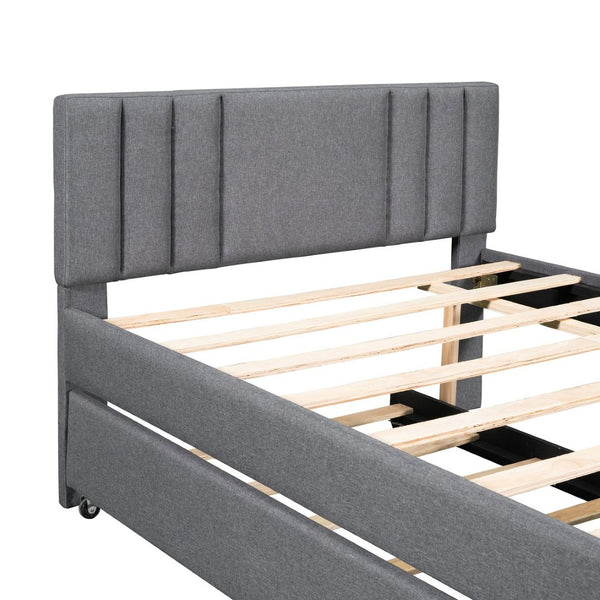 English Elm Full Linen Upholstered Platform Bed with Pull Out Trundle Tufted Headboard GX001312AAE