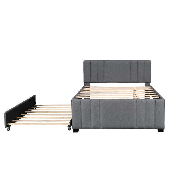 English Elm Full Linen Upholstered Platform Bed with Pull Out Trundle Tufted Headboard GX001312AAE