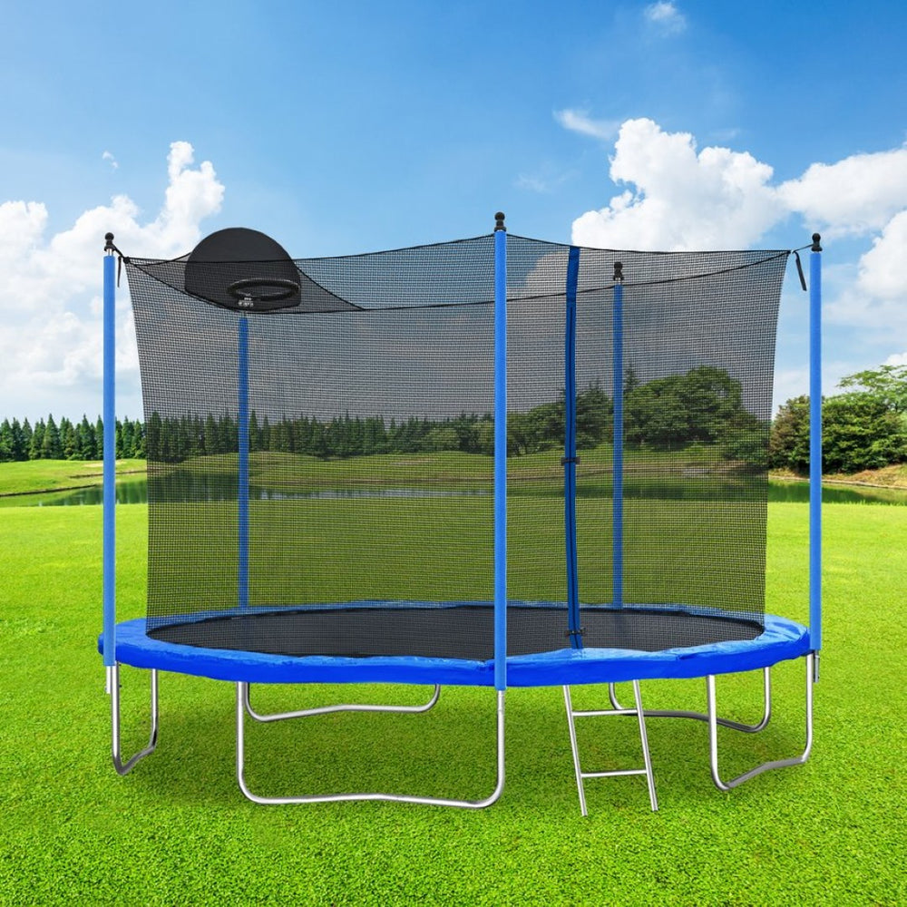 English Elm 12ft Backyard Trampoline with Basketball Hoop Safety Enclosure Net and Steel Ladder W28550119