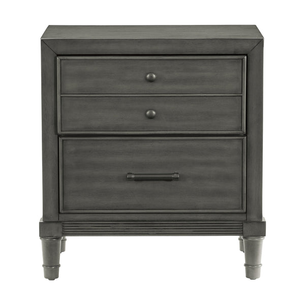 English Elm Transitional Gray Nightstand with 2 Drawers — Modern Okume Veneer, Dark Bronze Hardware, 24.5"x18"x26.5" B01158486