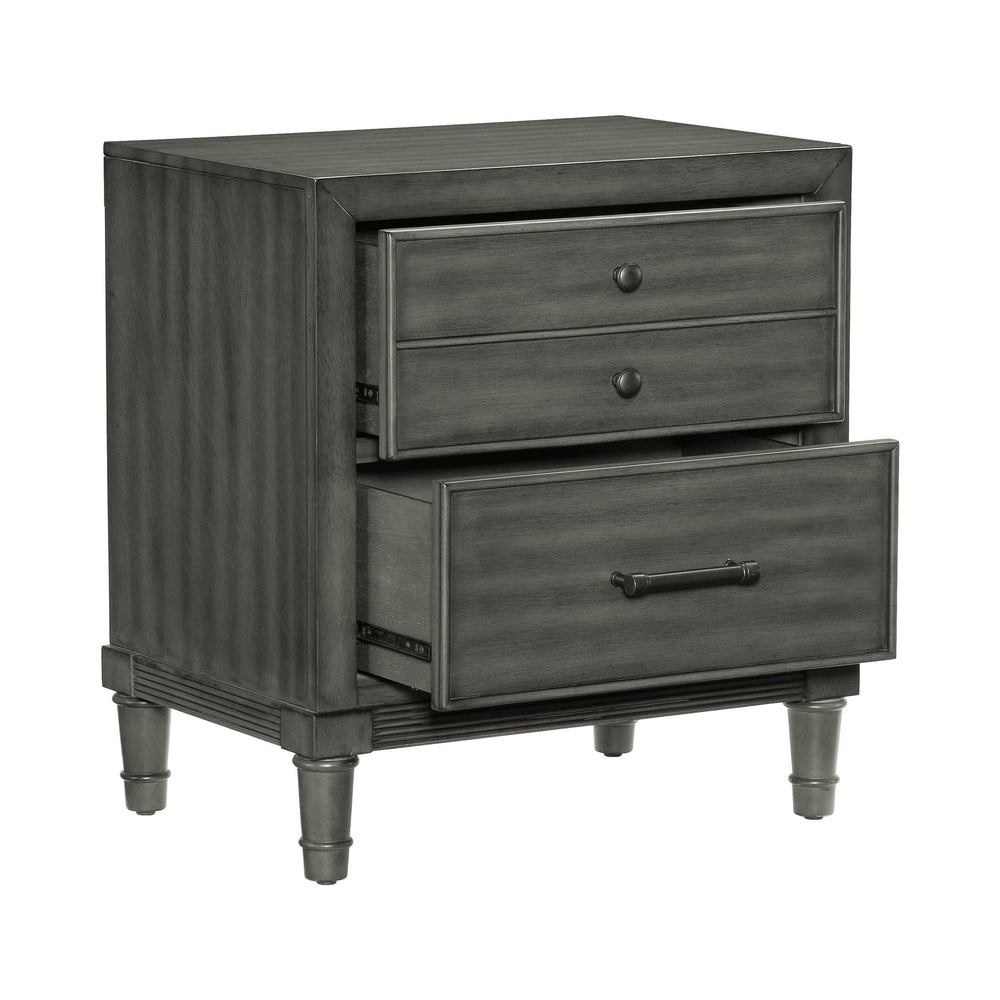 English Elm Transitional Gray Nightstand with 2 Drawers — Modern Okume Veneer, Dark Bronze Hardware, 24.5"x18"x26.5" B01158486