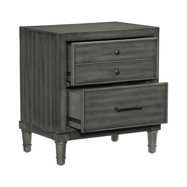 English Elm Transitional Gray Nightstand with 2 Drawers — Modern Okume Veneer, Dark Bronze Hardware, 24.5"x18"x26.5" B01158486