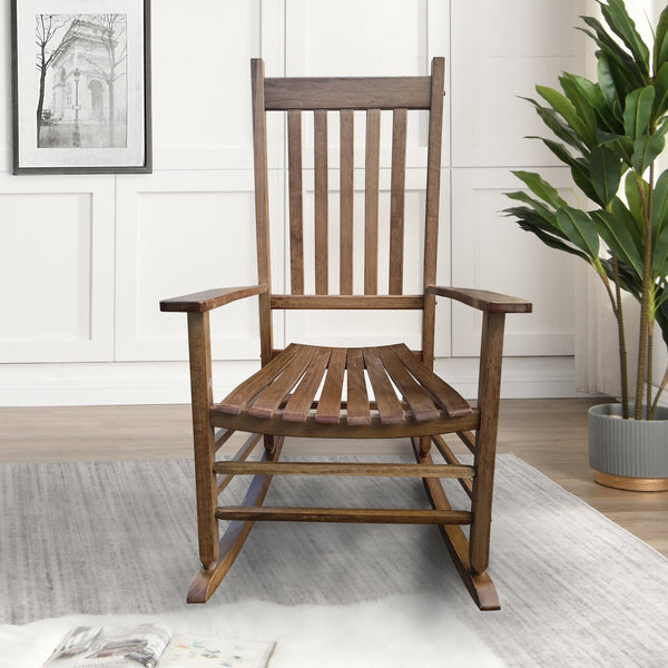 English Elm BALCONY Solid Wood Porch Rocking Chair Brown — Wide Seat & Armrests, Sturdy Slatted Back, 250lb Capacity W49555637