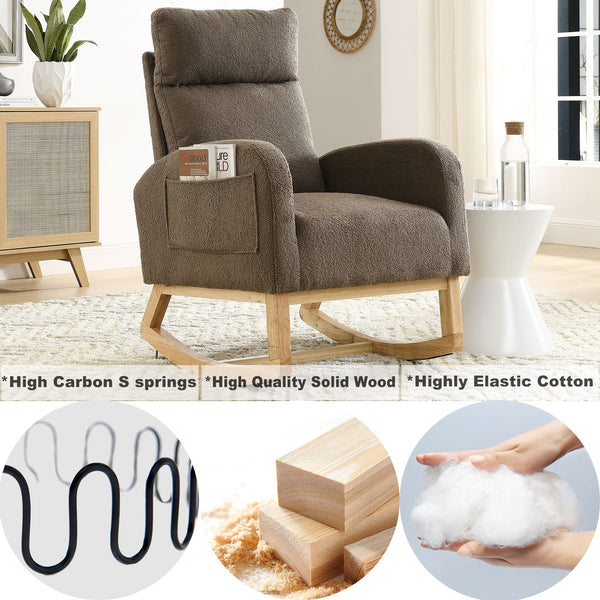 English Elm Welike Single-Position Rocking Chair with Teddy Fleece Upholstery, High Back Comfort & Side Pocket Coffee W83472308