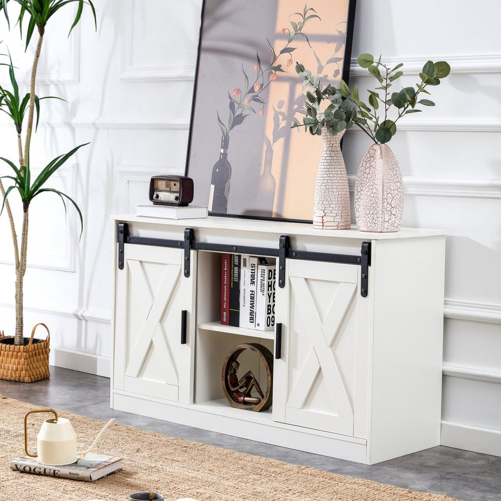 English Elm White Wood Farmhouse Tv Stand with Sliding Barn Doors for Living Room Storage W126550961