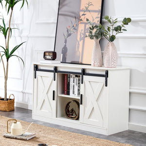 English Elm White Wood Farmhouse Tv Stand with Sliding Barn Doors for Living Room Storage W126550961