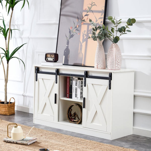 English Elm White Wood Farmhouse Tv Stand with Sliding Barn Doors for Living Room Storage W126550961