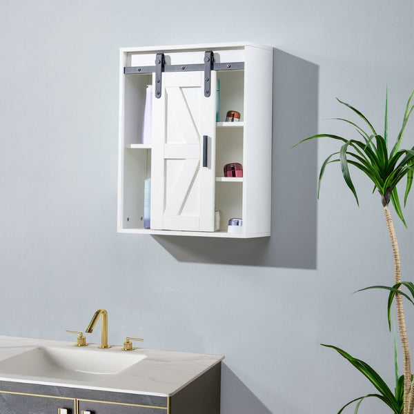 English Elm Wood Wall Mounted Bathroom Cabinet White Sliding Door Five Compartment Storage Organizer W126550952