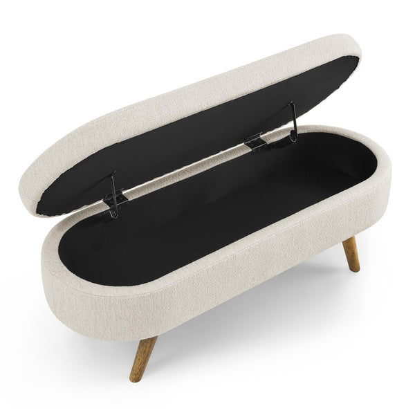 English Elm Ottoman Oval Pleated Storage Bench with Rubberwood Legs for Bedroom or Living Room W48746798