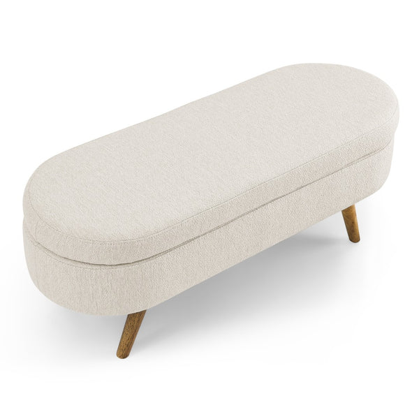 English Elm Ottoman Oval Pleated Storage Bench with Rubberwood Legs for Bedroom or Living Room W48746798