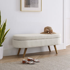 English Elm Ottoman Oval Pleated Storage Bench with Rubberwood Legs for Bedroom or Living Room W48746798