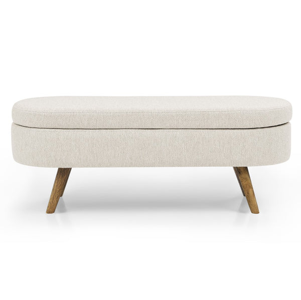 English Elm Ottoman Oval Pleated Storage Bench with Rubberwood Legs for Bedroom or Living Room W48746798