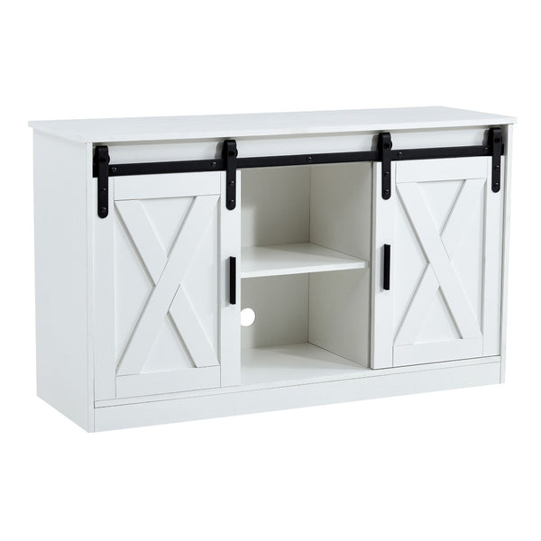 English Elm White Wood Farmhouse Tv Stand with Sliding Barn Doors for Living Room Storage W126550961