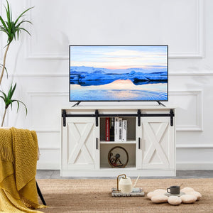 English Elm White Wood Farmhouse Tv Stand with Sliding Barn Doors for Living Room Storage W126550961