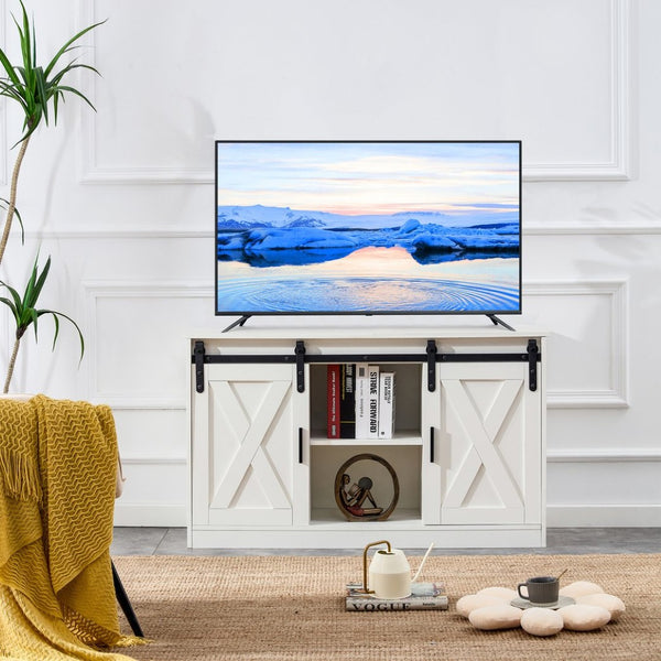 English Elm White Wood Farmhouse Tv Stand with Sliding Barn Doors for Living Room Storage W126550961
