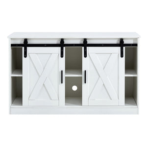 English Elm White Wood Farmhouse Tv Stand with Sliding Barn Doors for Living Room Storage W126550961